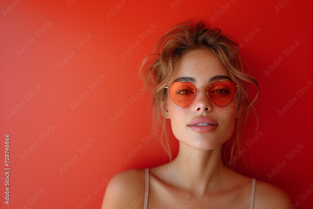 studio portrait of a happy cool young woman wearing heart shaped sunglasses, studio shot against a red background, generative ai