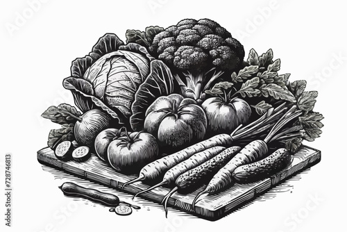 Vegetables on a cutting board, engraving illustration. photo