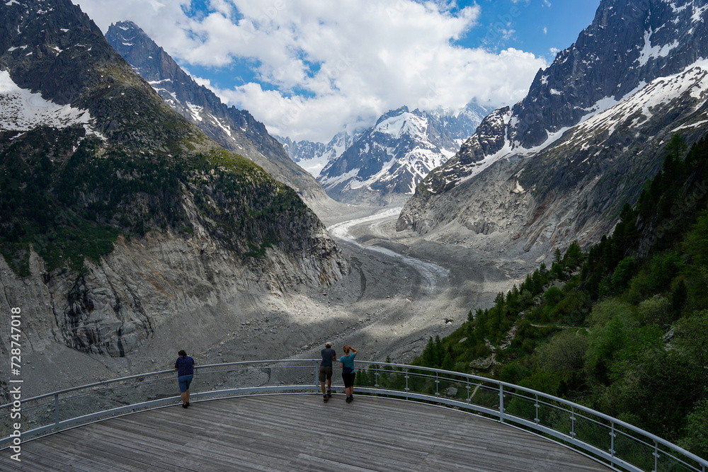 Mer de Glace glacier terrace viewpoint aerial drone view, popular tourist attraction in Chamonix, France