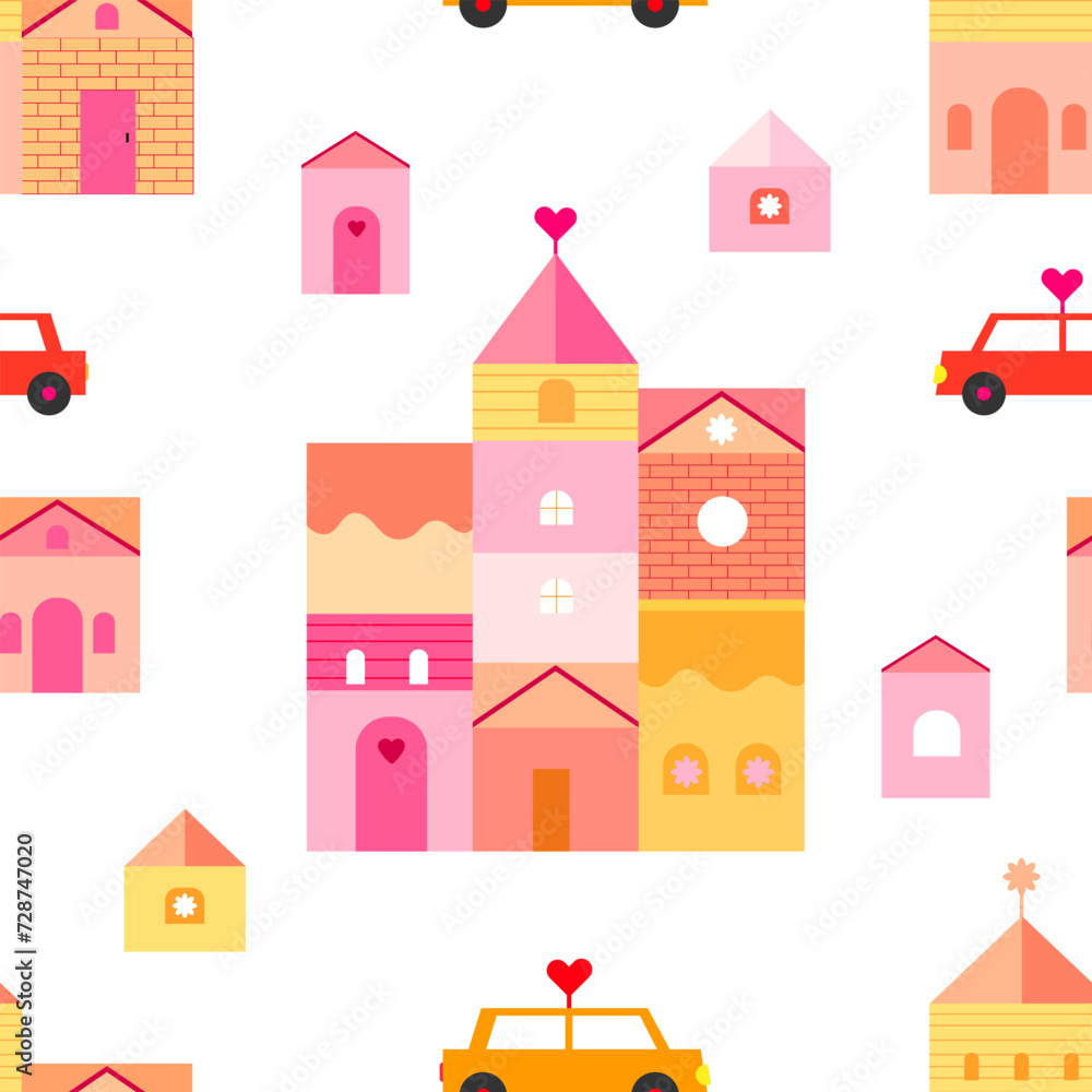 Bright houses with cars in a romantic style. Vector seamless pattern. Bright houses with cars in a romantic style. Vector seamless pattern.
