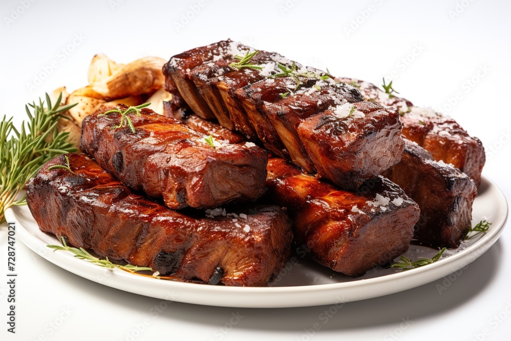 minimalistic design Delicious barbecued spare ribs. Tasty bbq meat, isolated on white background
