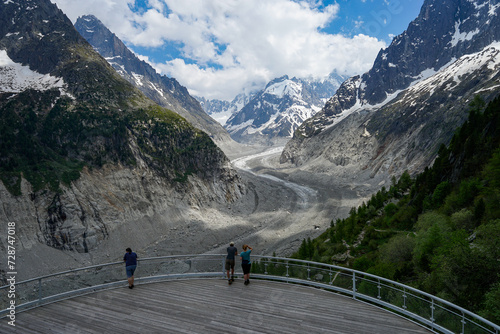 Obraz na płótnie Mer de Glace glacier terrace viewpoint aerial drone view, popular tourist attraction in Chamonix, France w salonie