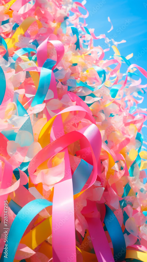 Brightly hued ribbons and confetti drift and twirl effortlessly against the backdrop of a clear blue sky. This image evokes a feeling of elegance and buoyancy