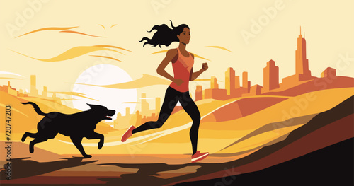 ПеGirl goes for a run accompanied by a dogчать