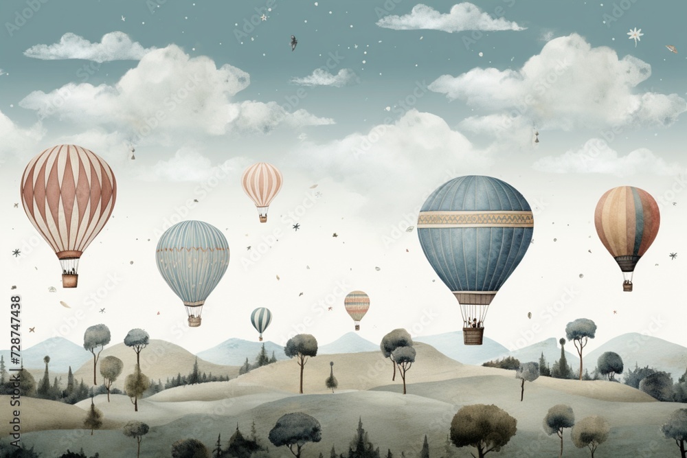 A whimsical and playful wallpaper featuring illustrated hot air balloons and dreamy skies, perfect for a child's room or creative space