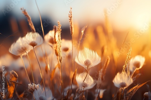 minimalistic design Dream fantasy soft focus sunset field landscape of white flowers and grass meadow warm golden © Dipankar