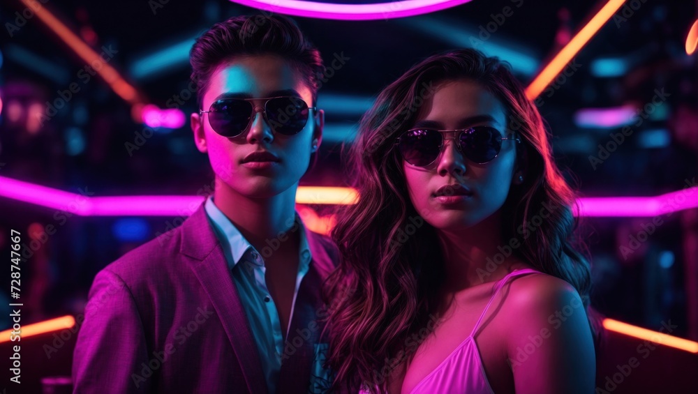 couple in nightclub, girl and boy in disco cyberpunk neon background, valentine, love, cute couple couple in nightclub, girl and boy in disco cyberpunk neon background, valentine, love, cute couple