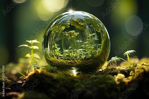 minimalistic design Earth Day - Environment - Green Globe In Forest With Moss And Defocused Abstract Sunlight 