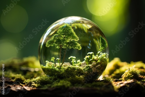 minimalistic design Earth Day - Environment - Green Globe In Forest With Moss And Defocused Abstract Sunlight 
