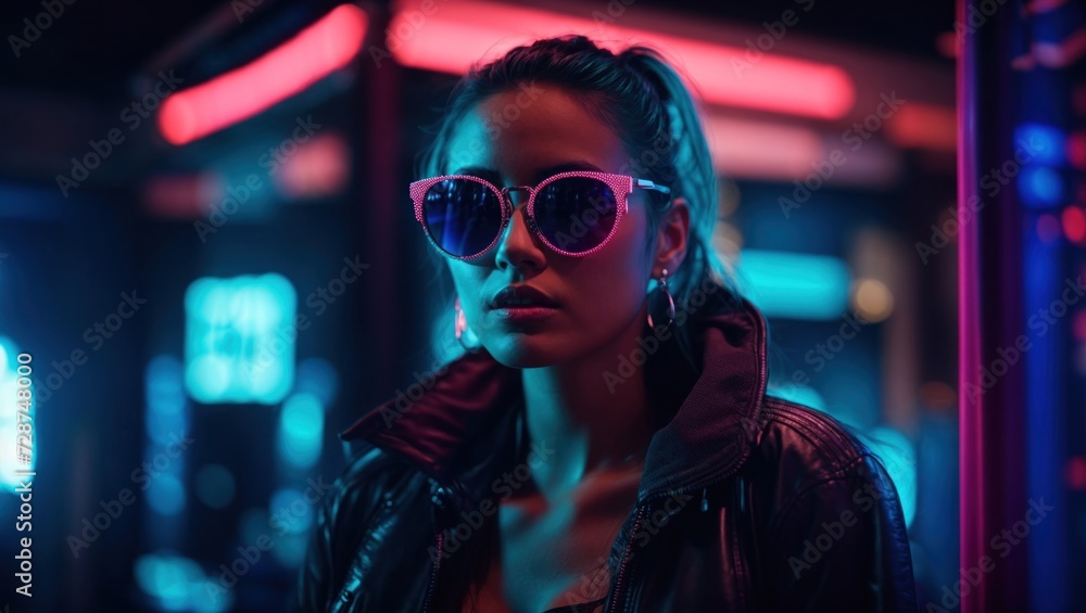 portrait of woman in nightclub, ggirl cyberpunk, neon nightclub, neon cyberpunk, cute girl with Sunglasses at night, cyberpunk background