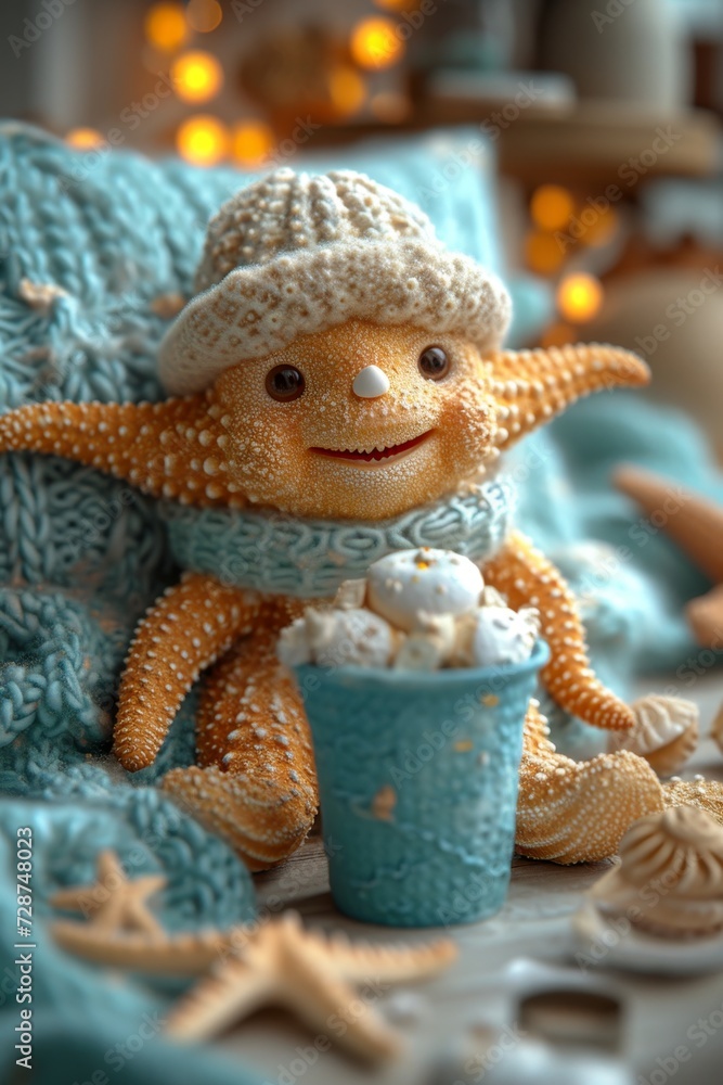 A cheerful starfish is sitting on a blue sofa with ice cream. 3d illustration