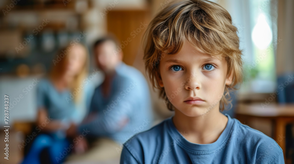 Concerned Child with Parents Arguing in the Background Concerned Child with Parents Arguing in the Background