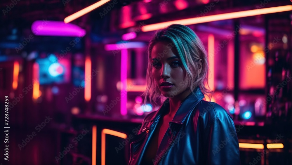 Obraz premium portrait of woman in nightclub, ggirl cyberpunk, neon nightclub, neon cyberpunk, cute girl with Sunglasses at night, cyberpunk background