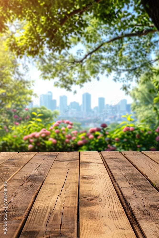 Empty wooden table for product placement. Wood table top on garden in city background. Serene garden oasis amidst bustling cityscape.