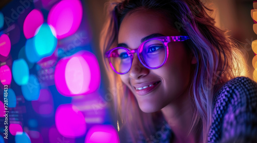 Smiling Futuristic Teenage Girl with Purple Glasses Illuminated by Neon Lights of the Holographic Computer Screen - Online Dating and Social Media Browsing concept