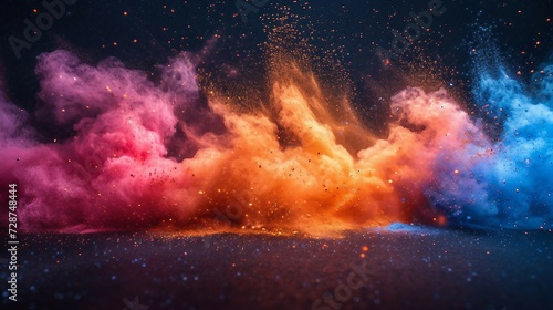 A explosions of color paint with particles on dark background. AI generate illustration