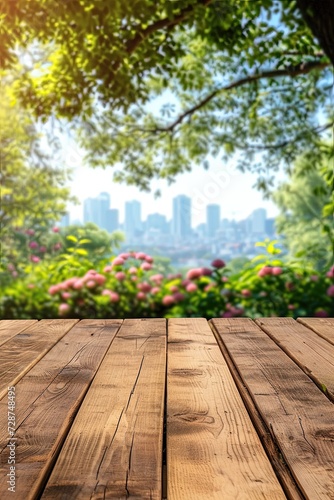 Empty wooden table for product placement. Wood table top on garden in city background. Serene garden oasis amidst bustling cityscape.