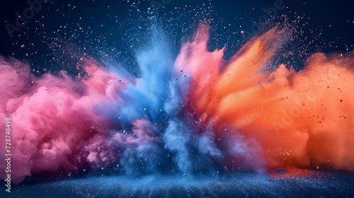 A explosions of color paint with particles on dark background. AI generate illustration
