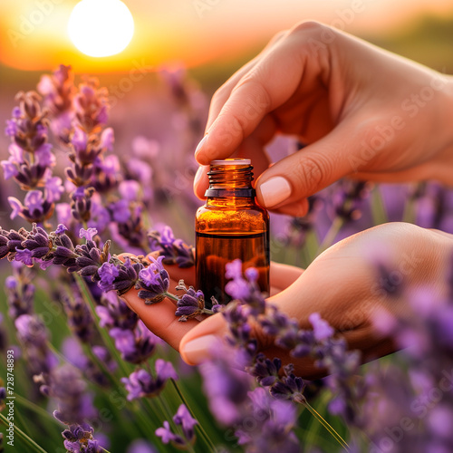 Woman holding bottle with natural essential oil in a lavender field. Spa and skin care product.