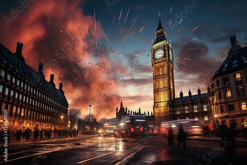minimalistic design Fireworks and the Big Ben, New Year's Eve. Flashing lights, night, beautiful colors