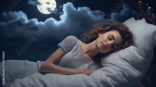 Woman sleeping with a comfortable pillow at night with full moon. Sleep quality and peace of mind from melatonin.