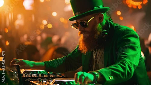 Bearded DJ wears a leprechaun costume and working spinning turntable records at Saint Patrick's Day party photo