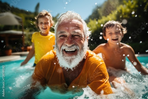 Happy family enjoy in a pool during summer holidays. Retired grandfather play with kids, splash water, memories together.