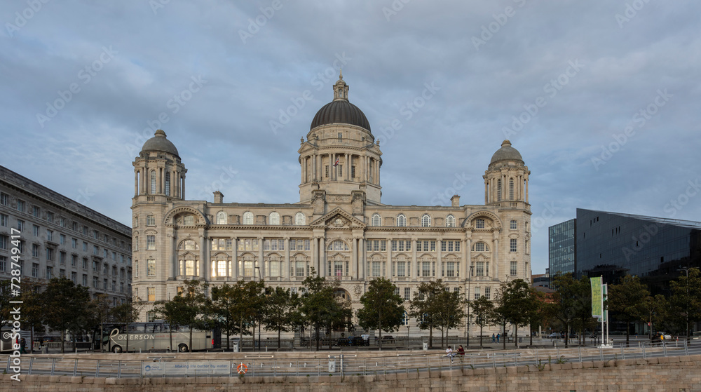 Liverpool, united kingdom May, 16, 2023 The facade of the Port of Liverpool Building, or Dock Office, one of the Three Graces located at the Pier Head, 
