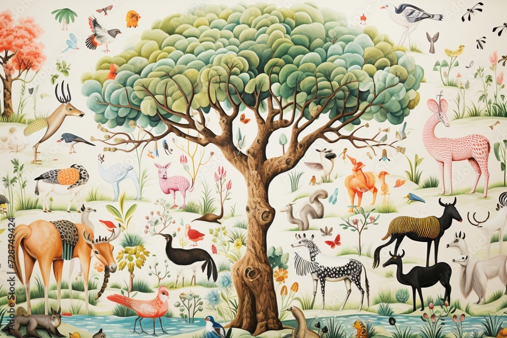 A whimsical and playful wallpaper design featuring illustrated animals and imaginative scenes, perfect for a lively atmosphere