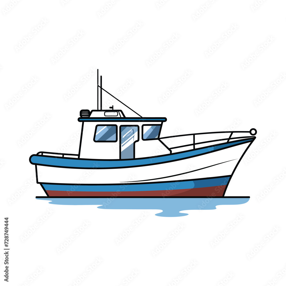 Fishing Boat,simple,minimalism,flat color,vector illustration,thick outlined,white background