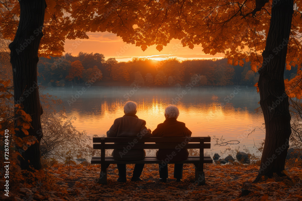 A photograph of an elderly couple enjoying a peaceful sunset on a park ...