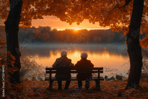 A photograph of an elderly couple enjoying a peaceful sunset on a park bench, highlighting the beauty of shared moments and enduring love in old age. Concept of enduring companionship. Generative Ai.