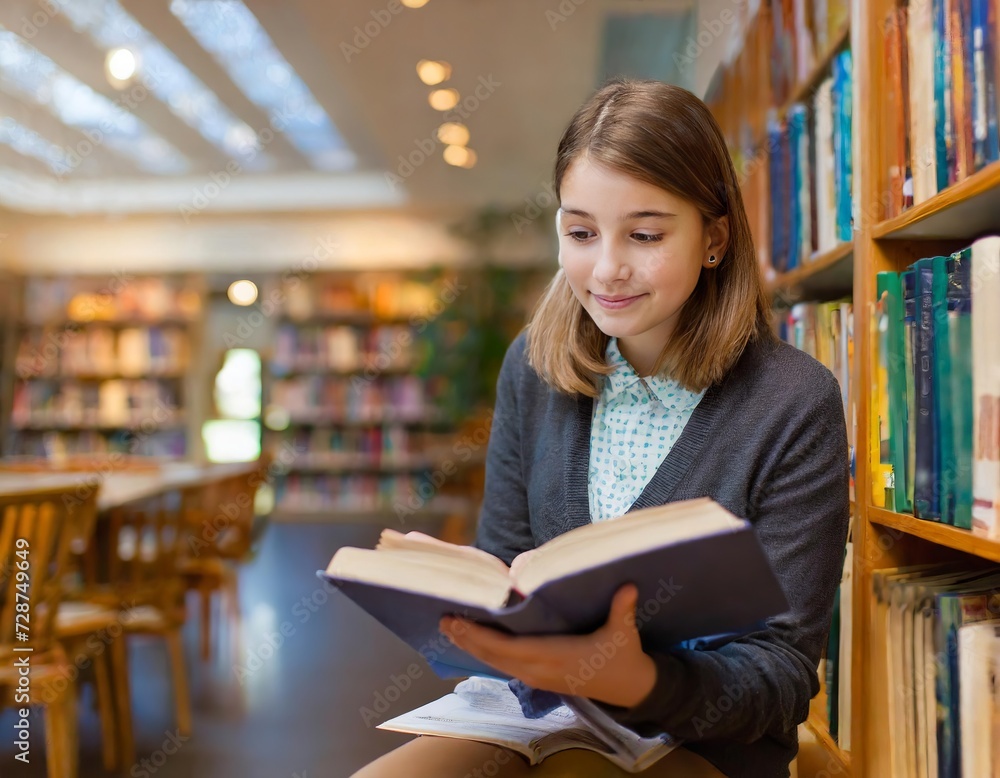 Generated image of girl reading a book in the library Generated image of girl reading a book in the library