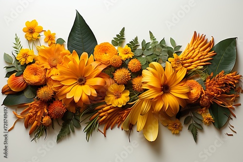 minimalistic design Indian flower garland of mango leaves and marigold flowers photo