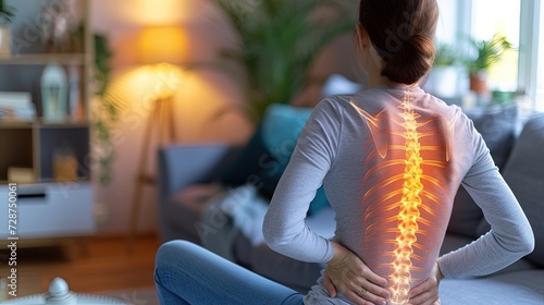Digital composite of highlighted spine of woman with back pain at home. Highlighted spine reveals the source of excruciating back pain.