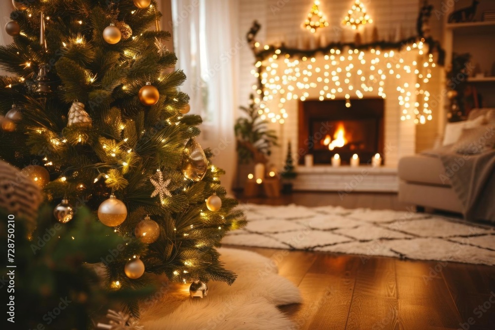 Christmas tree in a cozy living room Festive and warm atmosphere