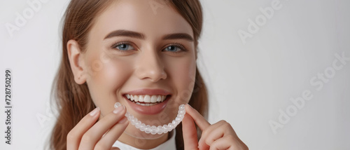 Young woman with invisible orthodontic aligners, showcasing dental care and modern orthodontics