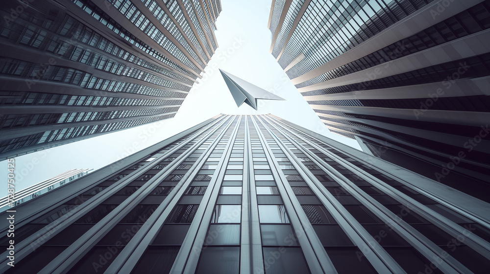 paper airplane flies upwards between tall skyscrapers reaching towards a clear sky, seen from a low angle on the ground