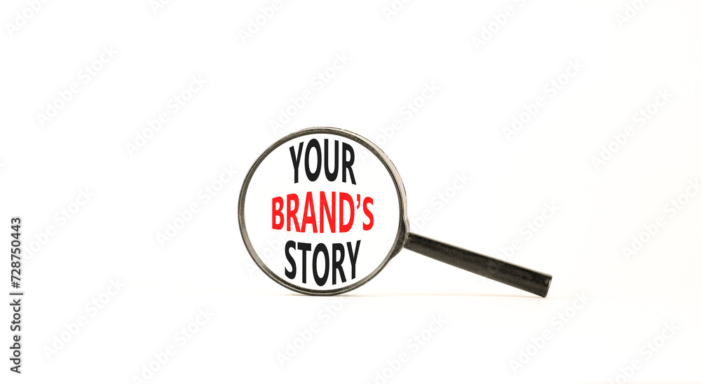 Branding and your brand story symbol. Concept words Your brands story in beautiful magnifying glass. Beautiful white table white background. Business branding your brand story concept. Copy space. Branding and your brand story symbol. Concept words Your brands story in beautiful magnifying glass. Beautiful white table white background. Business branding your brand story concept. Copy space.