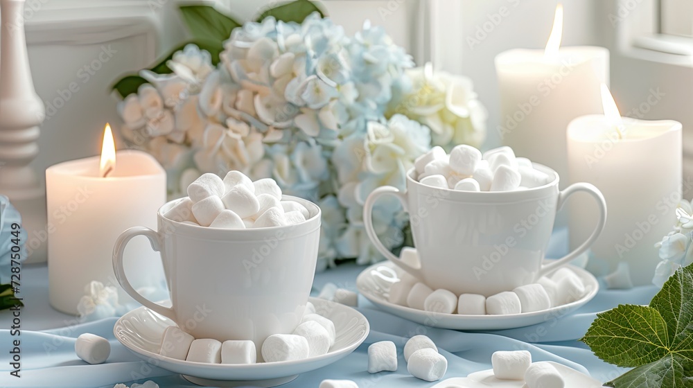two white cups filled with marshmallows resting on a table adorned with beautiful hydrangeas, evoking a sense of romanticism and warmth in a serene setting.