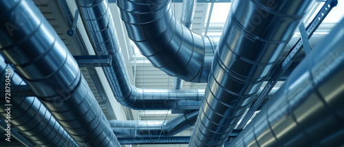 A maze of shiny metal ventilation ducts dominates an industrial ceiling, illustrating complex air distribution photo