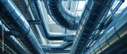 A maze of shiny metal ventilation ducts dominates an industrial ceiling  illustrating complex air distribution