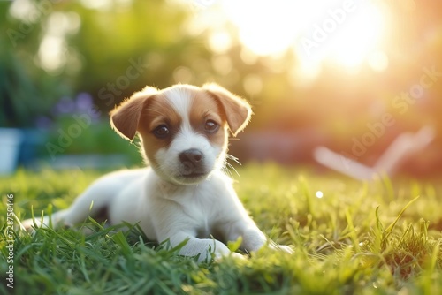 Cute puppy playing in a sunny backyard Joy and innocence
