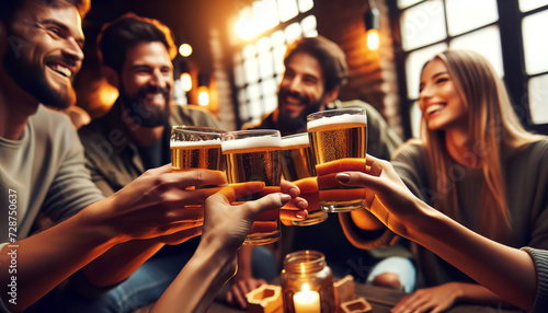 A cheerful group of friends toasting with a glass of beer in a warm, cozy bar environment with a lively, festive atmosphere. Concept of group of friends. AI generated. photo