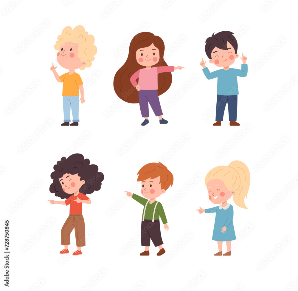Happy children point finger in various directions. Happy children point finger in various directions.