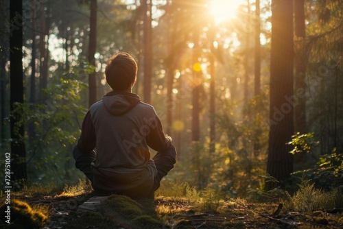 Meditation session in a tranquil forest at sunrise
