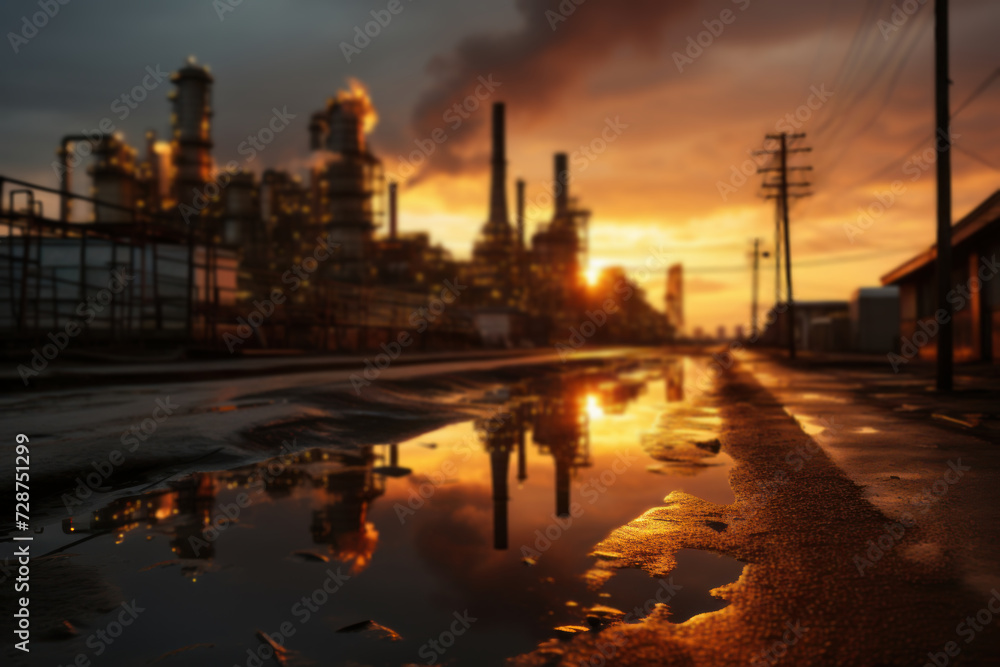 A vibrant sunrise over an oil refinery, capturing the juxtaposition of natural beauty and industrial processes in the production of fuel. Generative Ai.