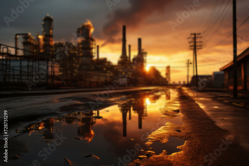 A vibrant sunrise over an oil refinery, capturing the juxtaposition of natural beauty and industrial processes in the production of fuel. Generative Ai.