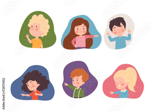 Boy and girls hands pointing forefingers, playfully showing and winking, funny children make a gesture vector set
