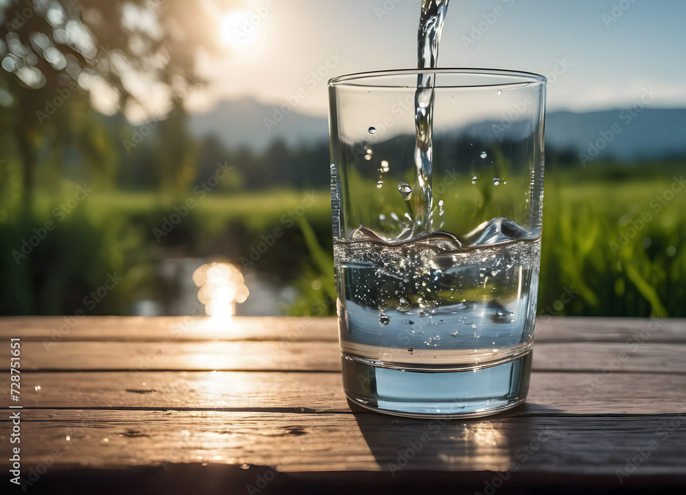 A refreshing glass of water against the backdrop of pure nature, mountains and lake A refreshing glass of water against the backdrop of pure nature, mountains and lake